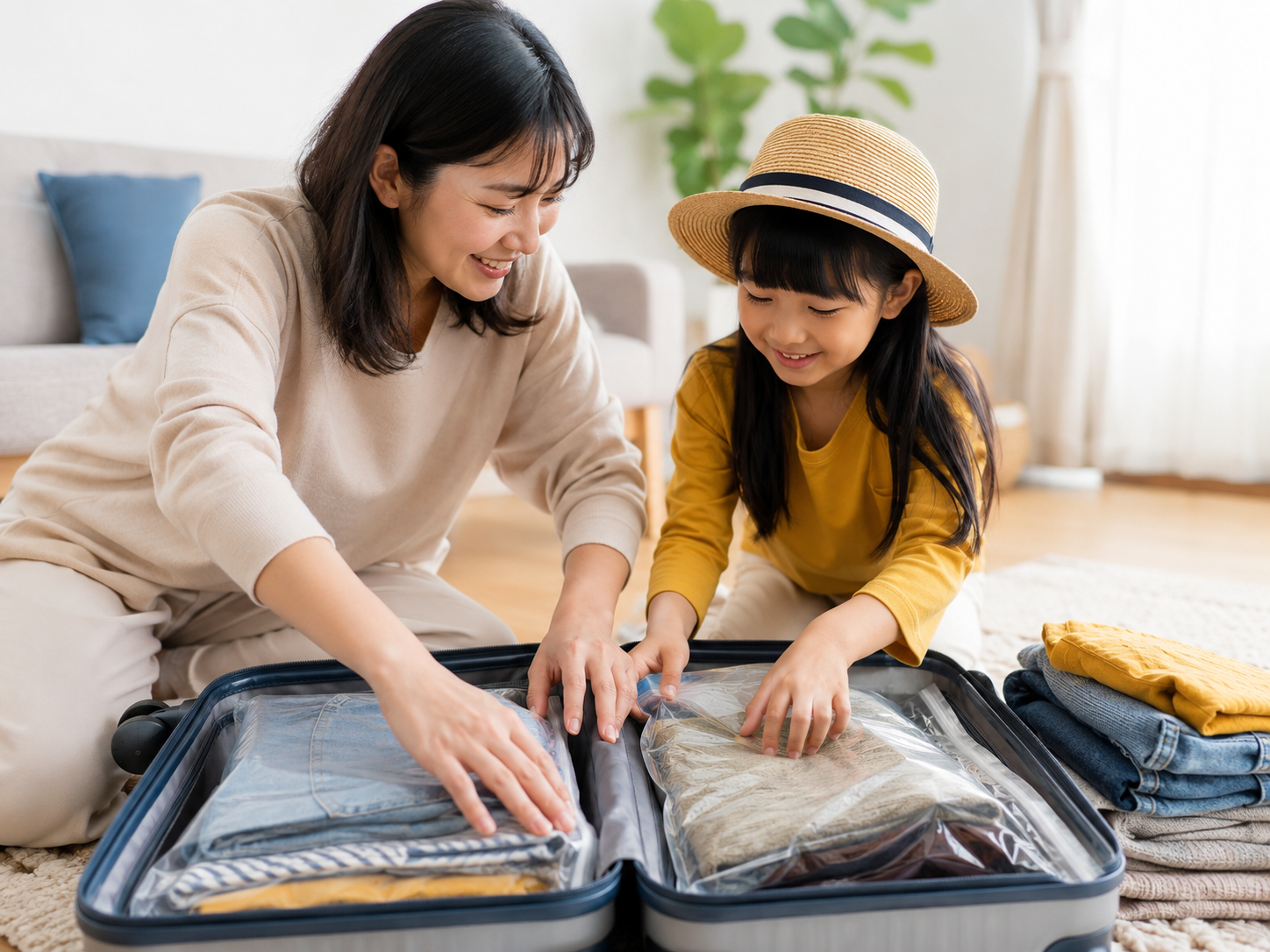 旅行の荷造りで衣類を圧縮袋にまとめる家族